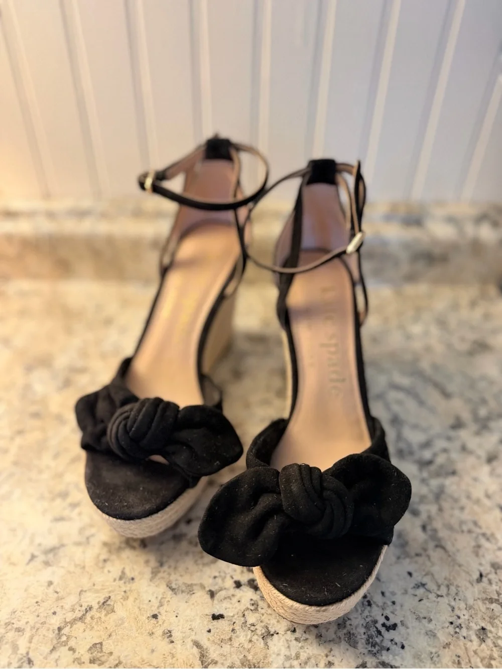 kate spade Black Suede Knotted Bow Espadrille Wedge Sandals Tianna Summer Fun